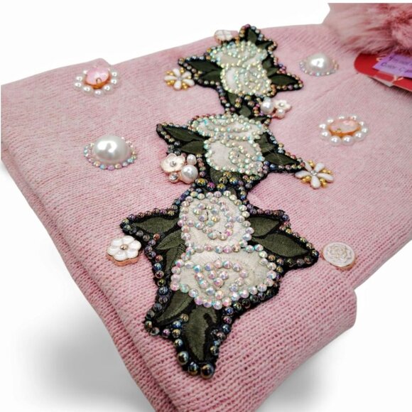 Artfully Crafted Dusty Rose Embroidered Roses Knit Beanie Crystal Adorned TT1522 - Picture 3 of 4